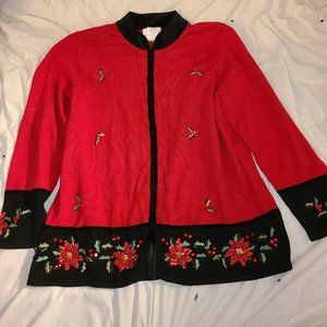 Vintage Quacker Factory, Red Sweater, Black Velvet, Sequined Poinsettia Cardigan